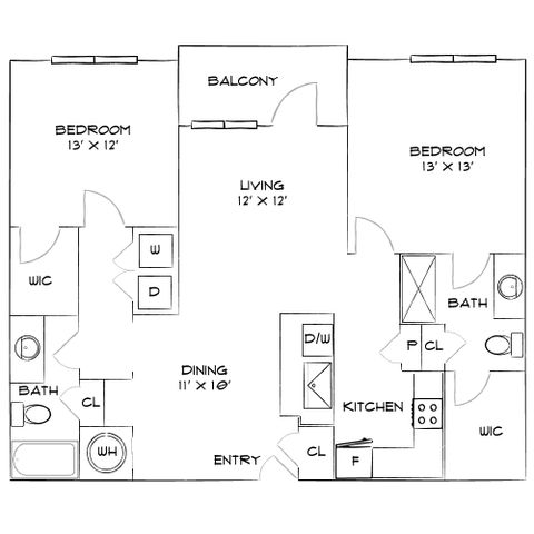 Charming 2-bedroom apartment floor plan with spacious living area, modern kitchen, and inviting balcony.