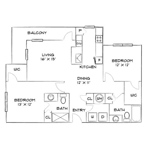 Modern floor plan featuring 2 bedrooms, a spacious living room with balcony, and a contemporary kitchen.