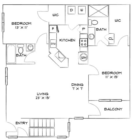 Inviting 2D floor plan with two bedrooms, open kitchen, expansive living-dining area, and private balcony.