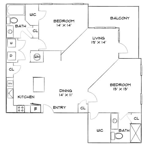 Contemporary floor plan showcasing 2 bedrooms with walk-in closets, spacious living area, dining room, modern kitchen, and balcony access.