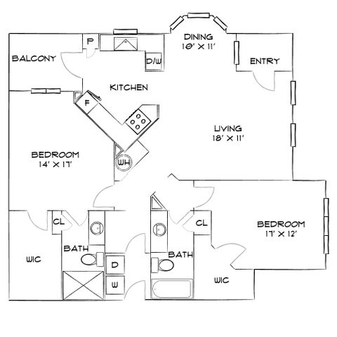Bright and spacious 2-bedroom apartment floor plan with open living and dining areas, modern kitchen, two bathrooms, and private balcony access.