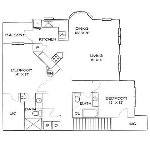 Inviting floor plan featuring 2 bedrooms, spacious living and dining area, modern kitchen, and private balcony in a well-designed apartment layout.