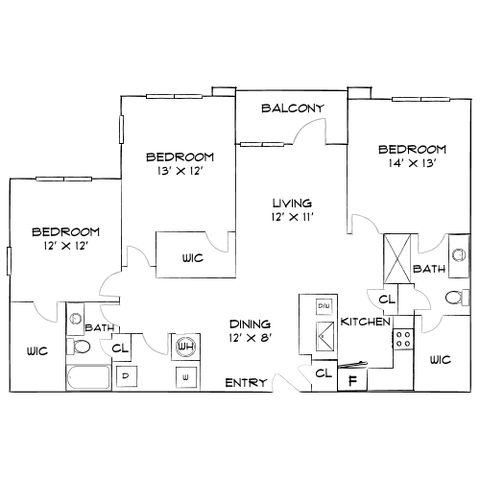 Modern 2D floor plan showcasing 3 spacious bedrooms, open living and dining areas, a sleek kitchen, and a balcony, perfect for stylish living.