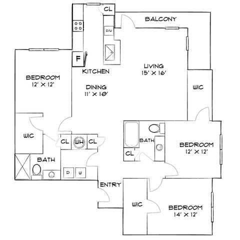 Modern floor plan showcasing 3 spacious bedrooms, open-concept living and dining area, well-equipped kitchen, and a balcony, perfect for comfortable living.
