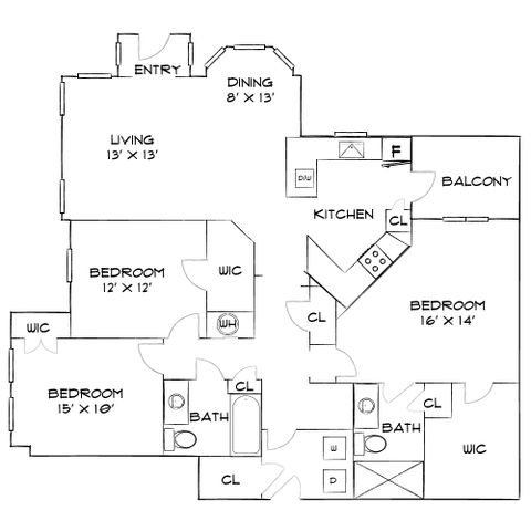 Elegant floor plan showcasing 3 spacious bedrooms, open dining and living areas, modern kitchen with balcony, and multiple walk-in closets.