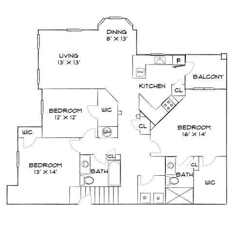 Inviting floor plan featuring 3 bedrooms with walk-in closets, an expansive living and dining area, a well-equipped kitchen, and a cozy balcony.