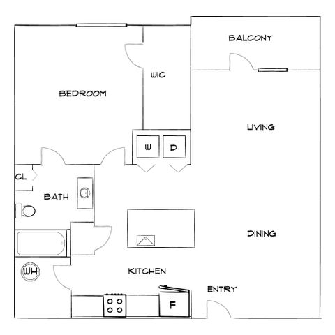 Spacious floor plan featuring a bedroom, modern kitchen with dining area, and a living room leading to a balcony.