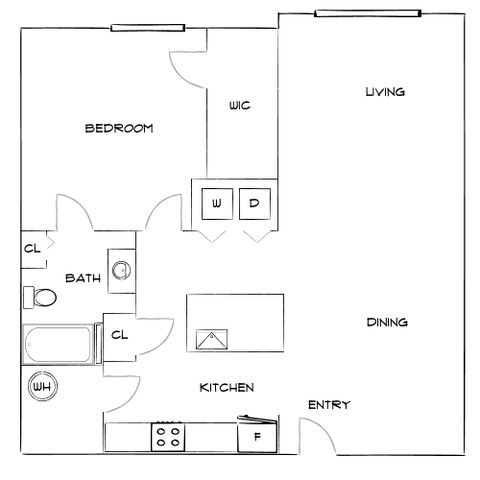 Inviting floor plan showcasing a spacious living and dining area, a modern kitchen, one bedroom with walk-in closet, and a well-appointed bathroom.