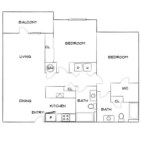 Inviting floor plan showcasing 2 bedrooms, bright living area with balcony access, efficient kitchen, and 2 modern bathrooms.