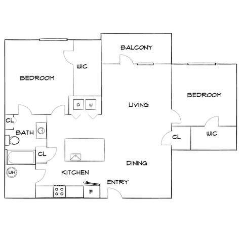 Elegant floor plan showcasing 2 bedrooms, spacious living and dining area, and modern kitchen with balcony access.
