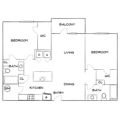 Modern 2D floor plan showcasing 2 bedrooms with walk-in closets, open living and dining areas, modern kitchen, and two baths with balcony access.