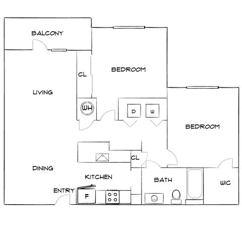 Chic apartment floor plan featuring 2 bedrooms, a spacious living-dining area, modern kitchen, bath, and a balcony for outdoor enjoyment.
