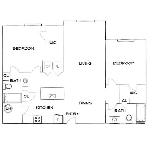 Elegant floor plan highlighting 2 bedrooms, open living and dining area, and a modern kitchen with convenient layout.