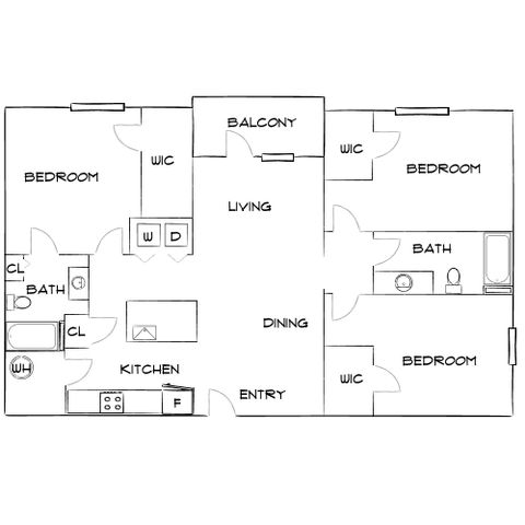 Inviting floor plan featuring 3 bedrooms, 2 baths, open living and dining area, and modern kitchen with balcony access.