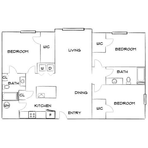 Inviting floor plan illustrating 3 bedrooms, expansive living area, and modern kitchen, ideal for comfortable living.