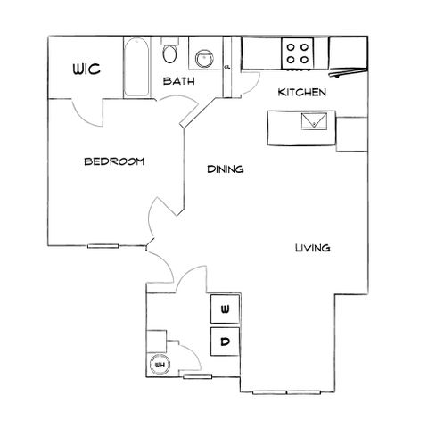 Charming floor plan with a cozy bedroom, walk-in closet, open kitchen, welcoming living and dining areas, featuring modern bath and laundry nook.