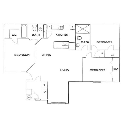 Modern floor plan featuring 3 bedrooms, two bathrooms, an expansive open-concept living and dining area, plus a spacious kitchen.
