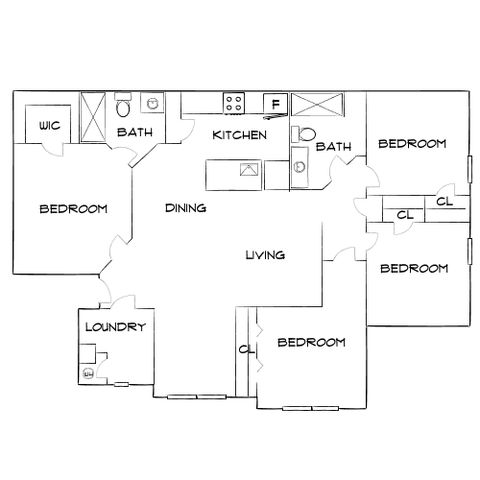 Inviting floor plan featuring three spacious bedrooms, a modern kitchen, and an expansive living and dining area. Includes two bathrooms, a laundry room, and ample closet space for convenient living.