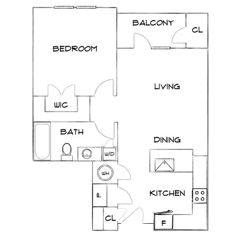 Modern floor plan featuring a spacious 1-bedroom layout with a walk-in closet, open-concept living and dining area, and a private balcony.
