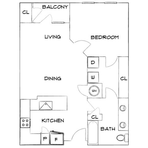 Modern floor plan showcasing a sleek open-concept living and dining area, a cozy kitchen, a bedroom with ample closet space, and a balcony for relaxation.