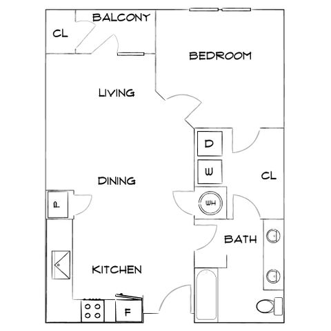 Elegant 1-bedroom apartment floor plan featuring an open living and dining area, modern kitchen, and a private balcony.