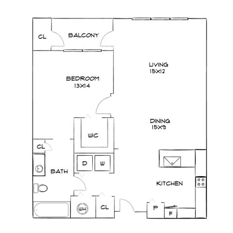 Chic floor plan showcasing 1 spacious bedroom with balcony access, a modern kitchen, and an elegant living and dining area.