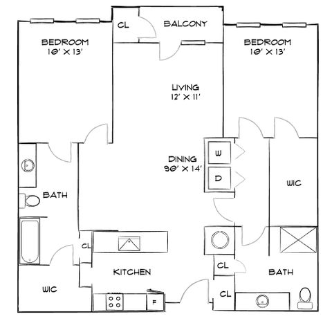Chic apartment floor plan featuring two spacious bedrooms, open living and dining area, well-appointed kitchen, two bathrooms, and a balcony.