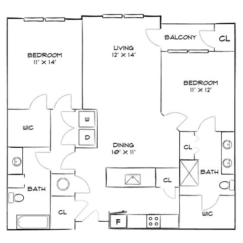 Elegant floor plan showcasing 2 spacious bedrooms, open living area, functional kitchen, and private balcony.