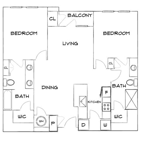 Elegant open-layout floor plan featuring dual bedrooms, dining area, and a balcony-adjoining living space.