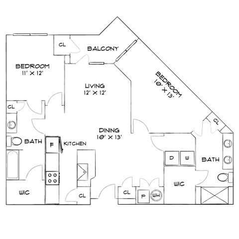 Contemporary floor plan featuring 2 bedrooms, modern kitchen, open living and dining area, plus a charming balcony.