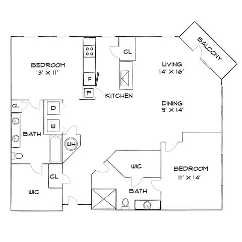 Chic 2-bedroom apartment floor plan with open living and dining area, modern kitchen, and a cozy balcony.