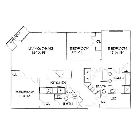 Elegant floor plan showcasing 3 bedrooms, a bright living/dining area with balcony, and a modern kitchen with ample storage.