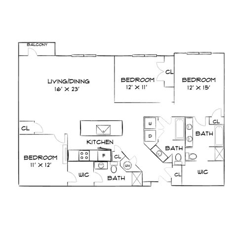 Elegant apartment floor plan featuring 3 spacious bedrooms, an open living/dining area with balcony access, and a modern kitchen, perfect for stylish living.