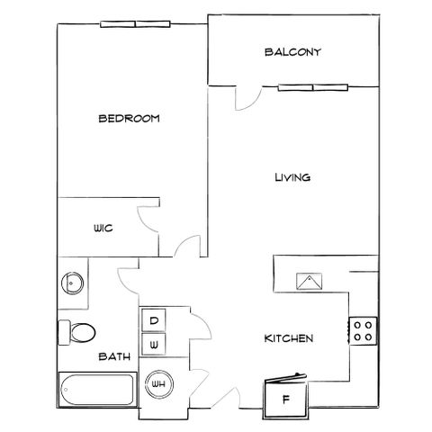 Elegant floor plan showcasing a spacious one-bedroom layout with a large living area, modern kitchen, convenient walk-in closet, and a charming balcony.