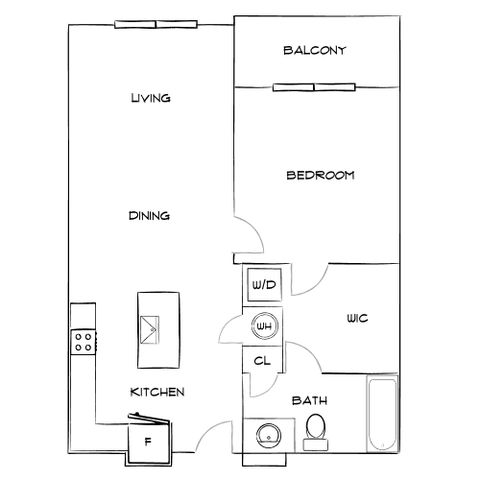 Inviting floor plan showcasing a bright living and dining area, modern kitchen, spacious bedroom with balcony, walk-in closet, and full bath.