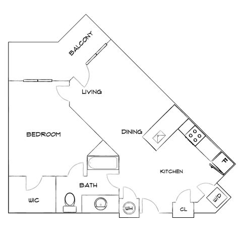 Contemporary apartment floor plan showcasing 1 bedroom, open living and dining area, modern kitchen, and private balcony.