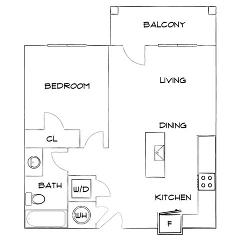 Charming single-bedroom floor plan with open living, dining, and kitchen area, cozy balcony, and convenient in-unit laundry.