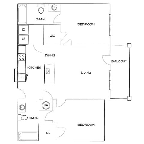 Modern 2-bedroom floor plan featuring spacious living areas, a stylish kitchen, 2 bathrooms, and a balcony.