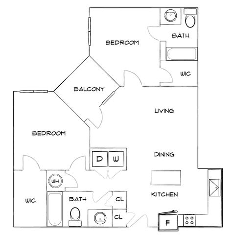 Modern floor plan showcasing 2 bedrooms, open living and dining area, and stylish kitchen with a balcony.