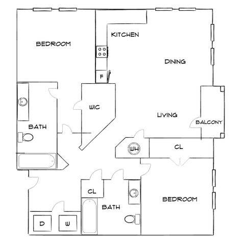 Modern floor plan featuring 2 bedrooms, open living and dining area, kitchen, and two baths, with a private balcony.