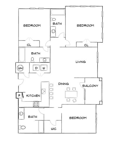 Inviting floor plan showcasing 3 bedrooms, a modern kitchen adjacent to a dining area, spacious living room, and a charming balcony.