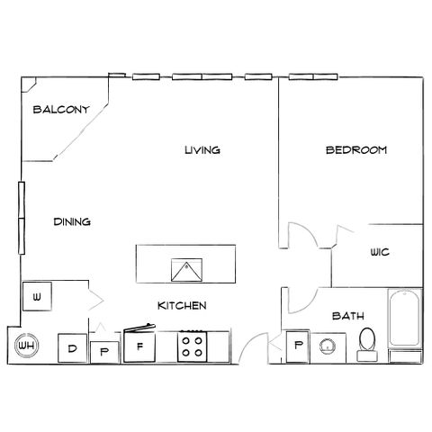 Contemporary floor plan featuring a spacious living area, modern kitchen, and private balcony next to a cozy bedroom with en-suite bath. Ideal for stylish living.