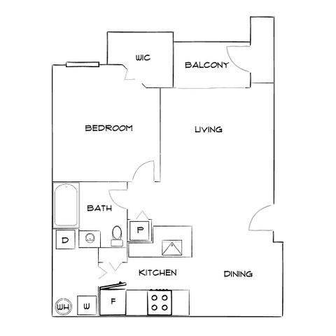 Modern floor plan showcasing 1 bedroom with walk-in closet, spacious living area, balcony, kitchen, dining room, and bath.