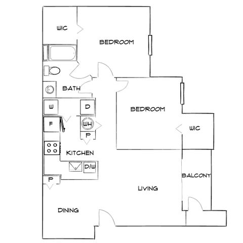 Spacious floor plan featuring 2 bedrooms with walk-in closets, open kitchen with dining area, and living room leading to a private balcony.