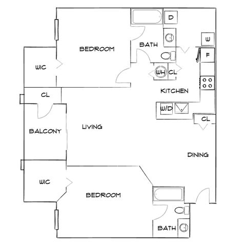 Charming floor plan showcasing two bedrooms, each with bathroom access, a stylish kitchen with modern appliances, and a cozy living area opening to a private balcony.