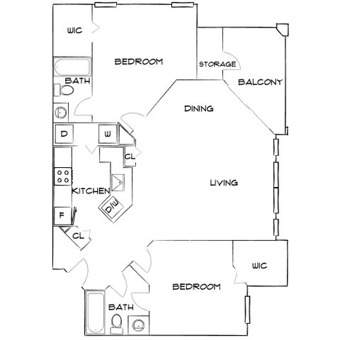 Modern floor plan showcasing 2 bedrooms, 2 bathrooms, open living and dining areas, a kitchen, and a private balcony with storage.