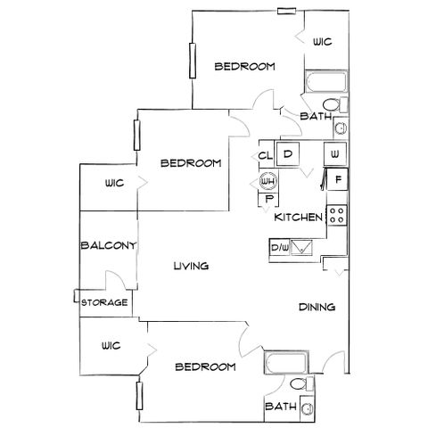 Contemporary floor plan showcasing 3 bedrooms, expansive living area, open kitchen, dining space, and two baths, complete with a balcony and storage.