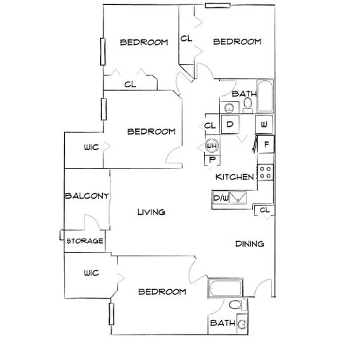 Expansive floor plan showcasing 4 bedrooms, open living and dining areas, modern kitchen, two bathrooms, balcony, and ample storage space.