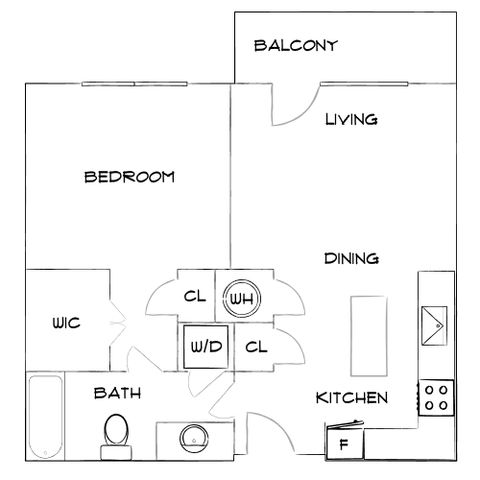 Contemporary floor plan featuring a spacious bedroom with walk-in closet, modern kitchen, open living and dining area with balcony, and a well-appointed bath.