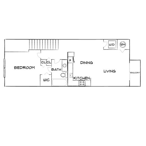 Modern floor plan showcasing a single bedroom, open-concept dining and living area, equipped kitchen, bathroom, and a balcony. Includes washer/dryer for convenience.